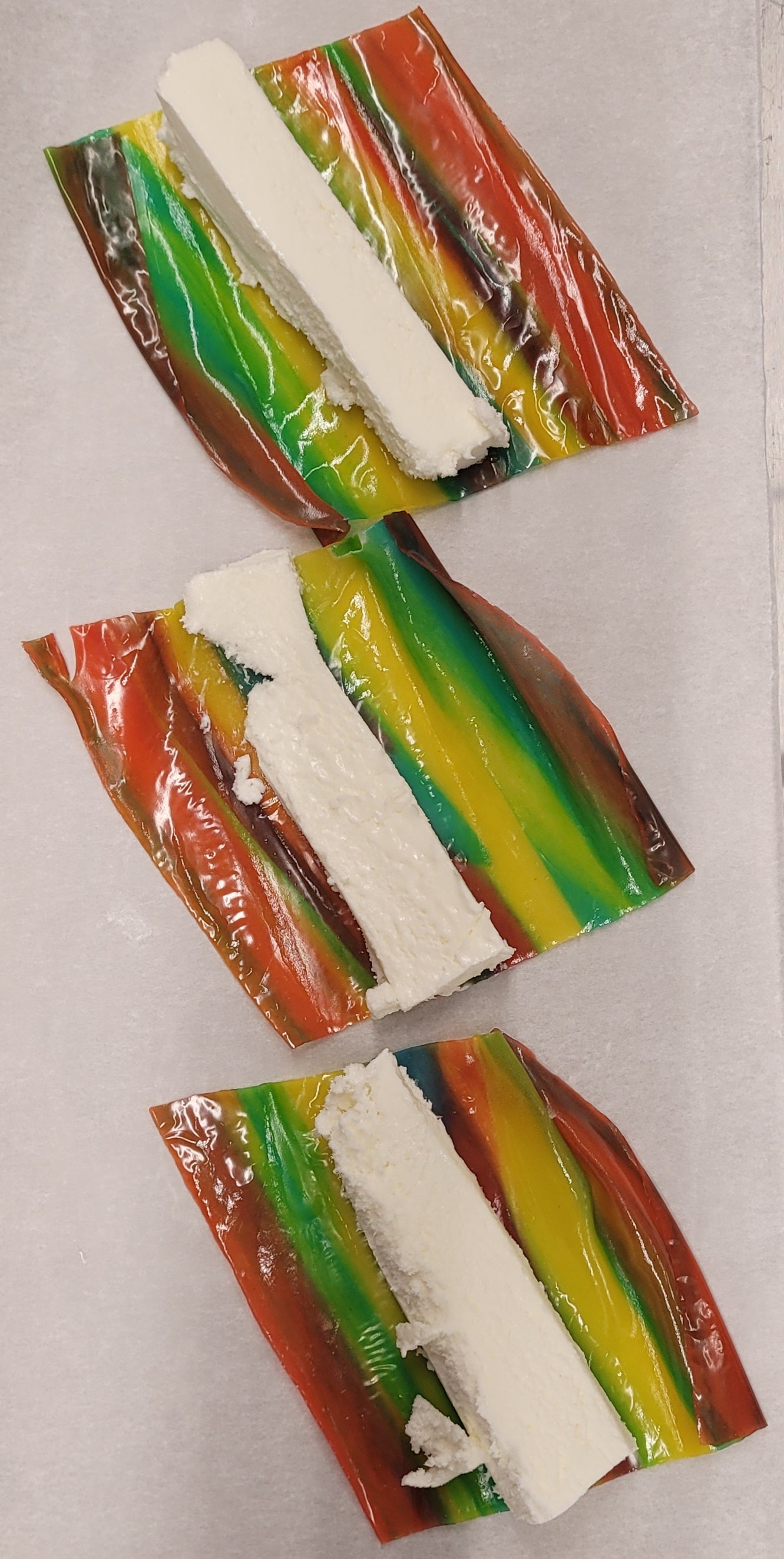 Freeze Dried Vanilla Icecream Wrapped in a Fruit Roll up
