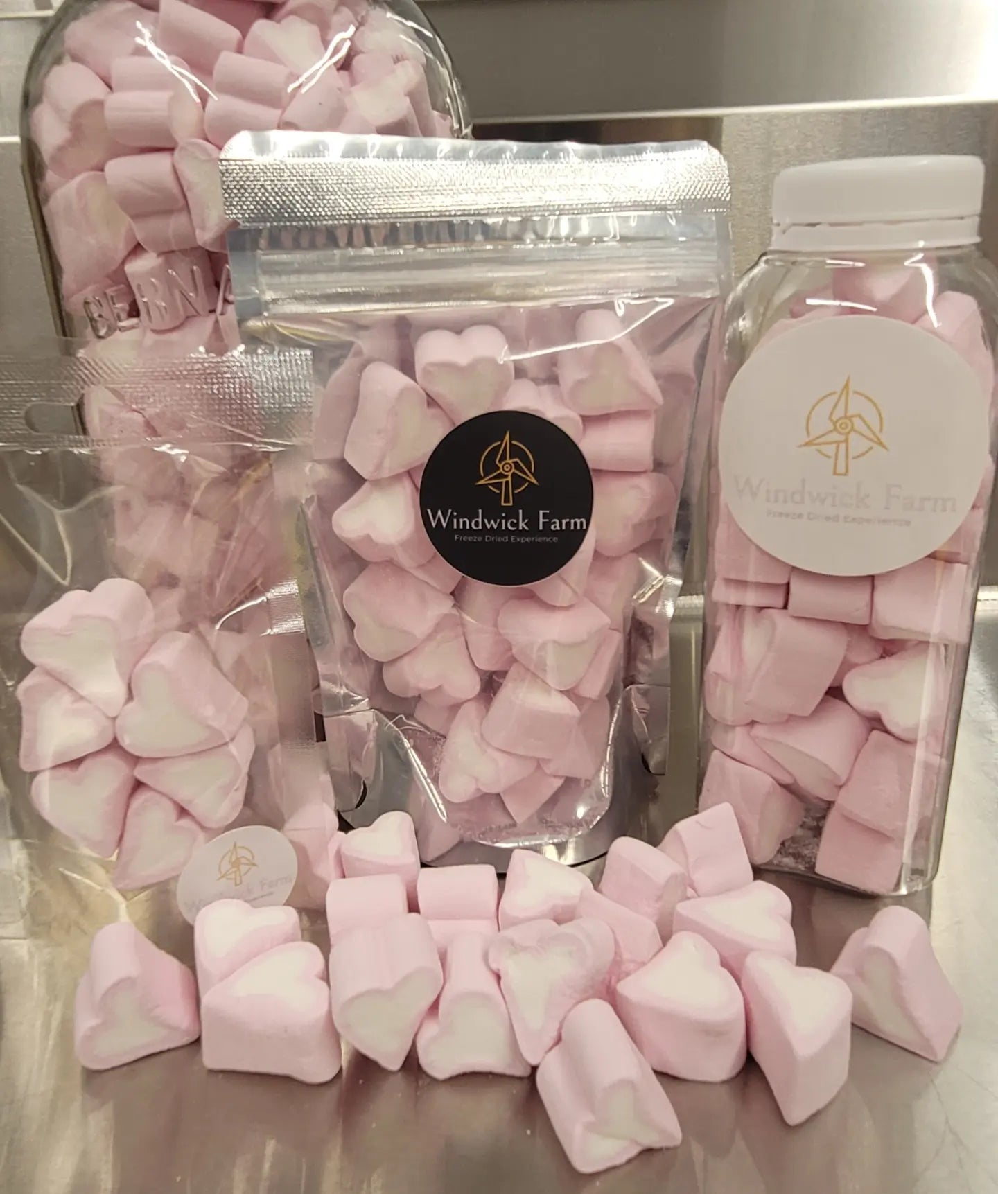 Freeze Dried Heart Shaped Marshmallows in a bottle